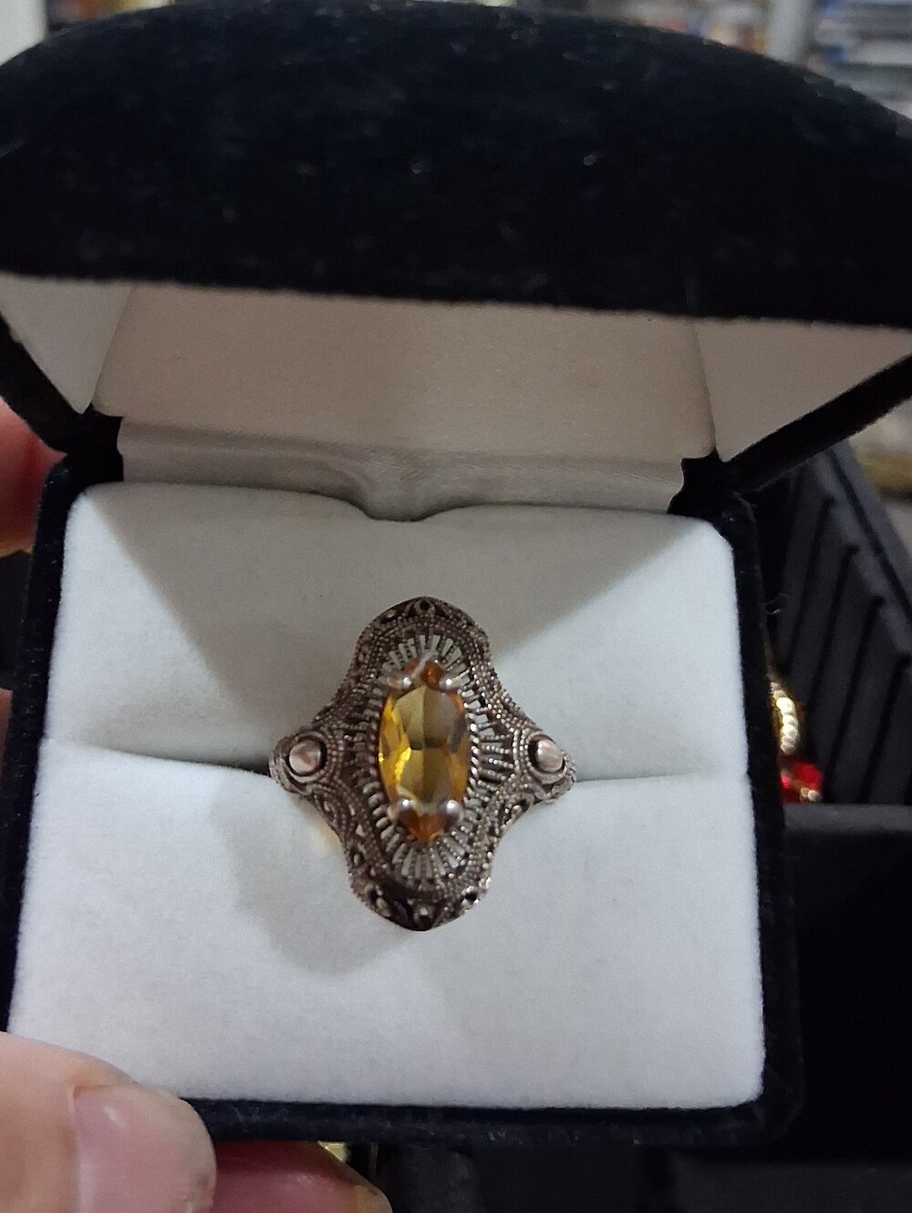 .925 Sterling Silver 1+ Carat Citrine Filigree Statement Ring Size 7